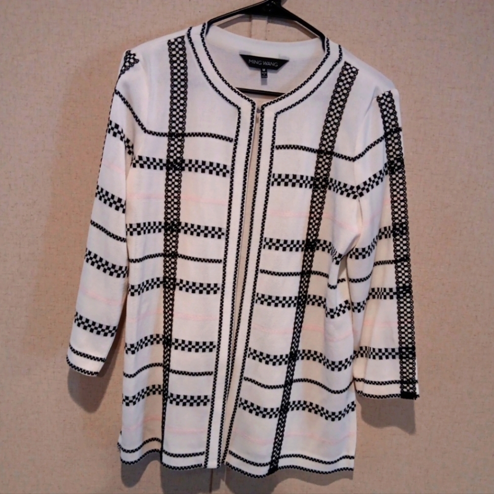 Ming Wang Heritage Fit White/Pink/black  Pattern Open Front Knit Cardigan M